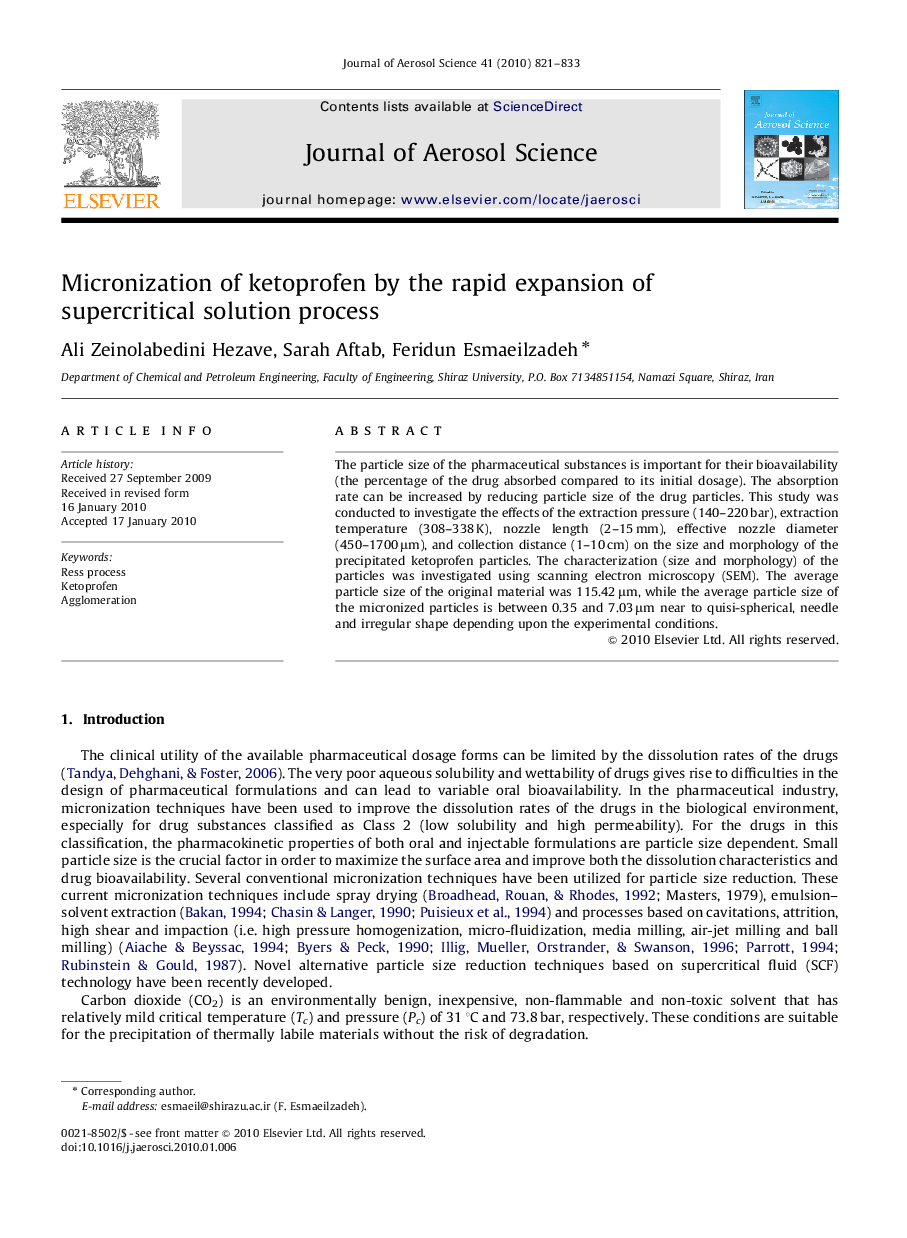 Micronization of ketoprofen by the rapid expansion of supercritical solution process