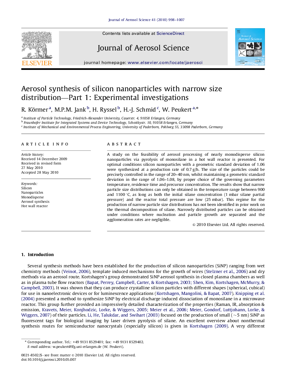 Aerosol synthesis of silicon nanoparticles with narrow size distribution—Part 1: Experimental investigations