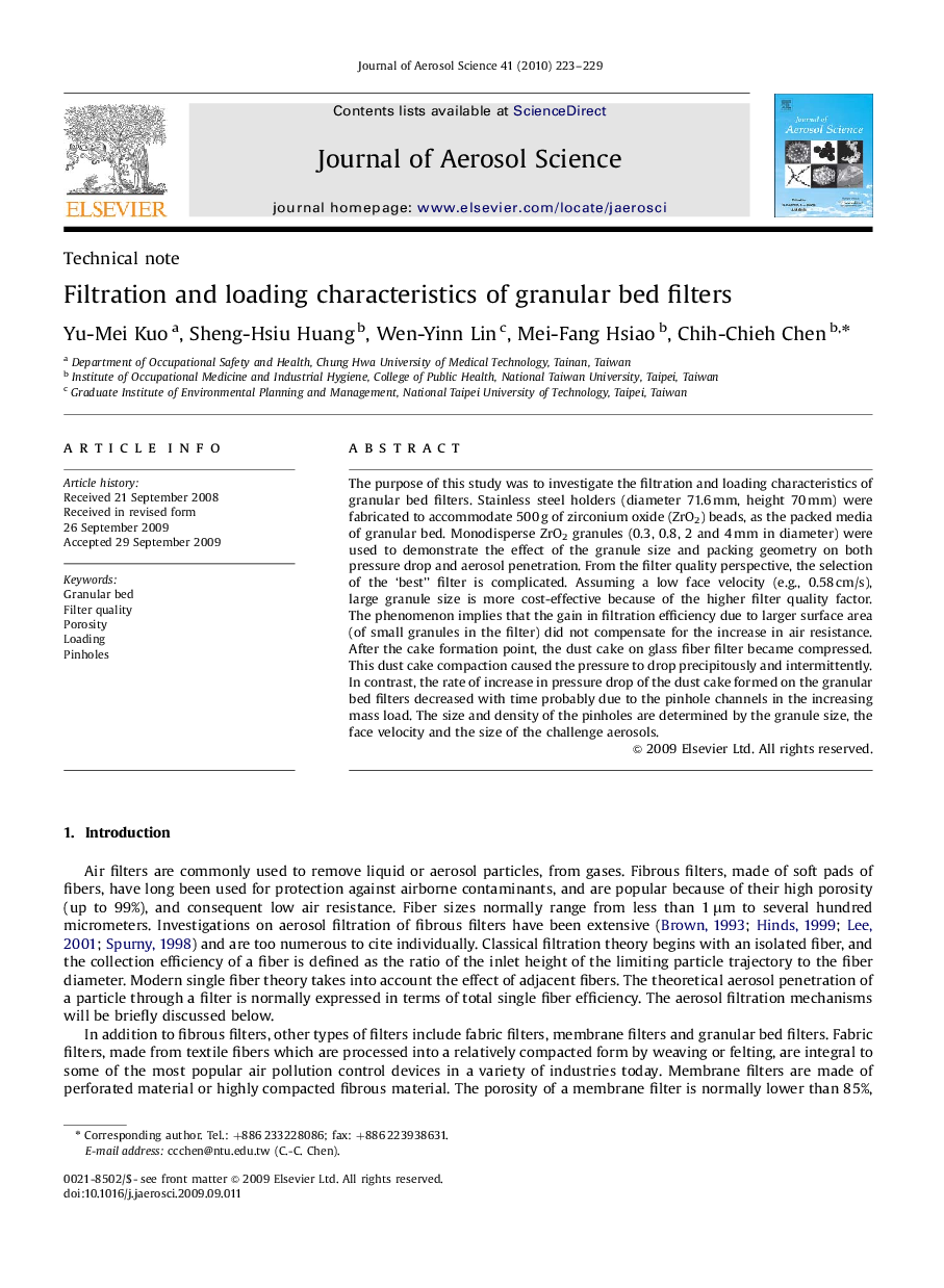 Filtration and loading characteristics of granular bed filters