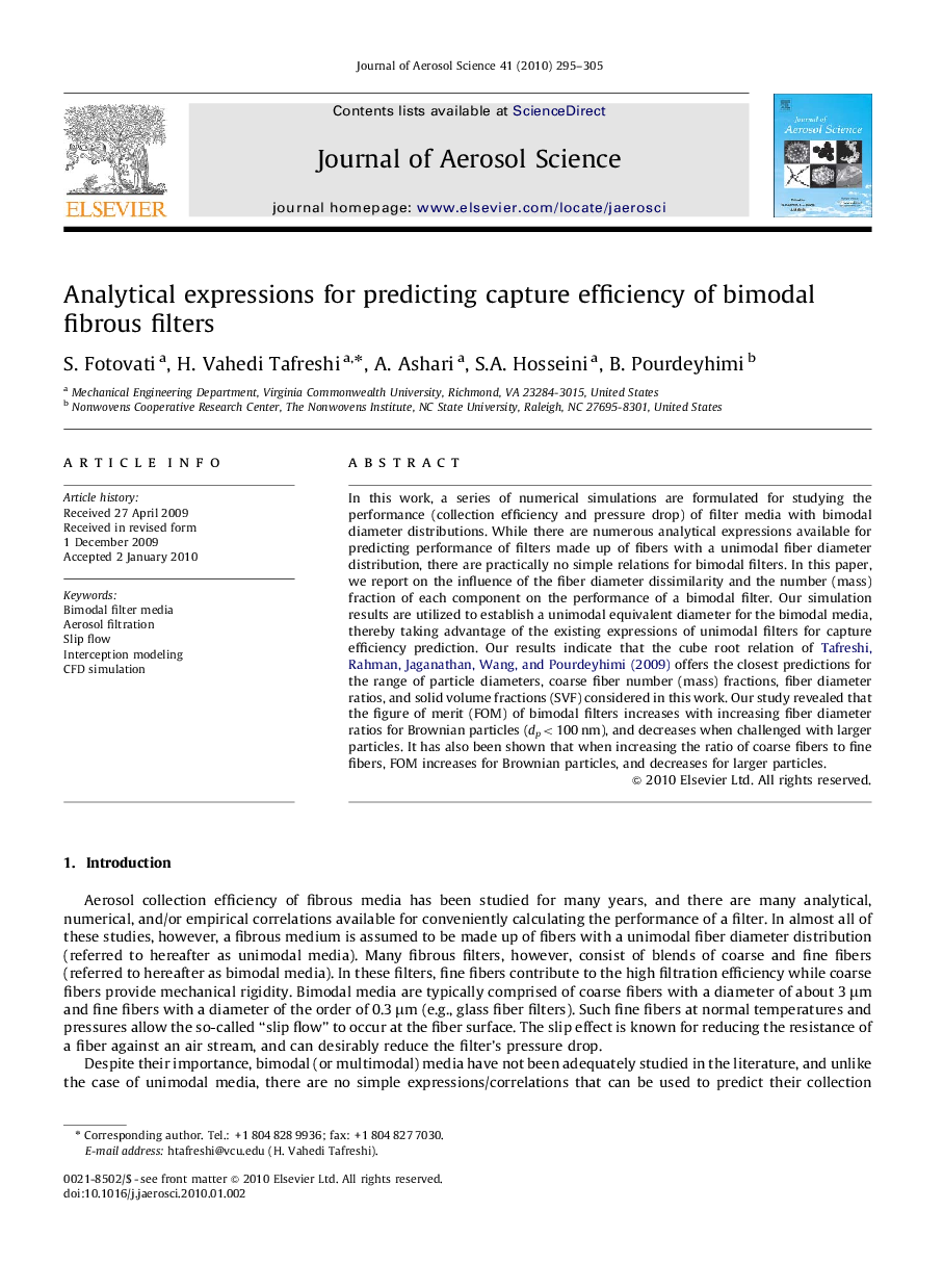 عکس صفحه اول مقاله: Analytical expressions for predicting capture efficiency of bimodal fibrous filters Analytical expressions for predicting capture efficiency of bimodal fibrous filters