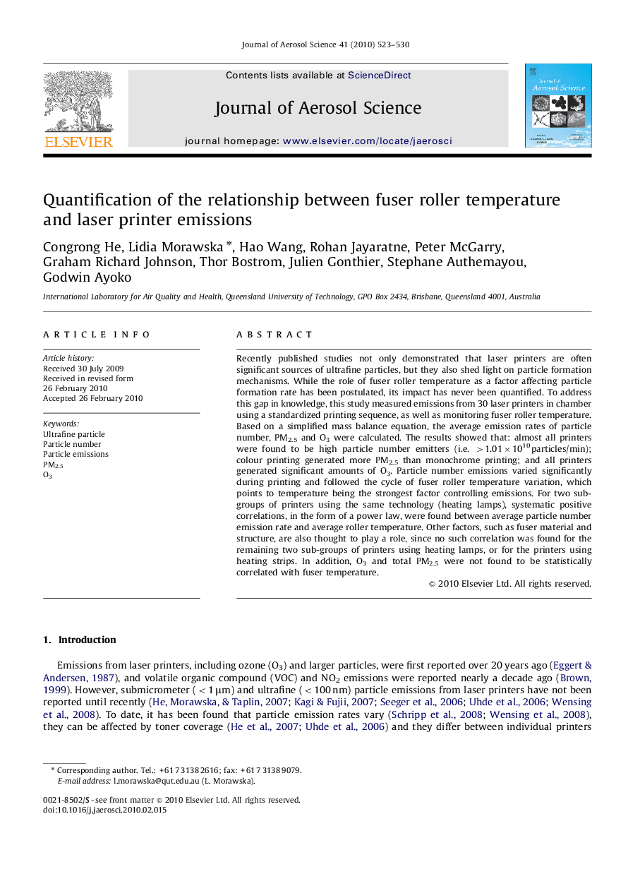 Quantification of the relationship between fuser roller temperature and laser printer emissions