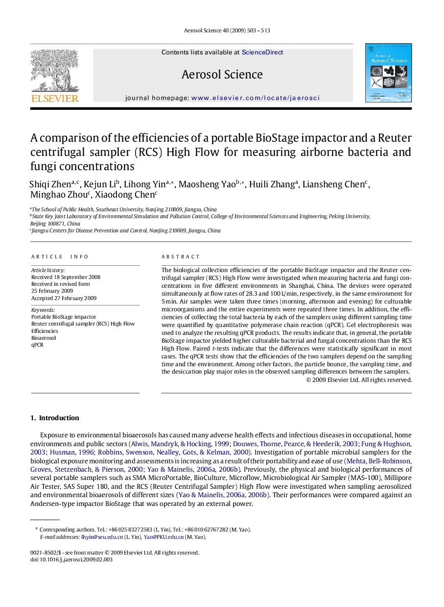 A comparison of the efficiencies of a portable BioStage impactor and a Reuter centrifugal sampler (RCS) High Flow for measuring airborne bacteria and fungi concentrations