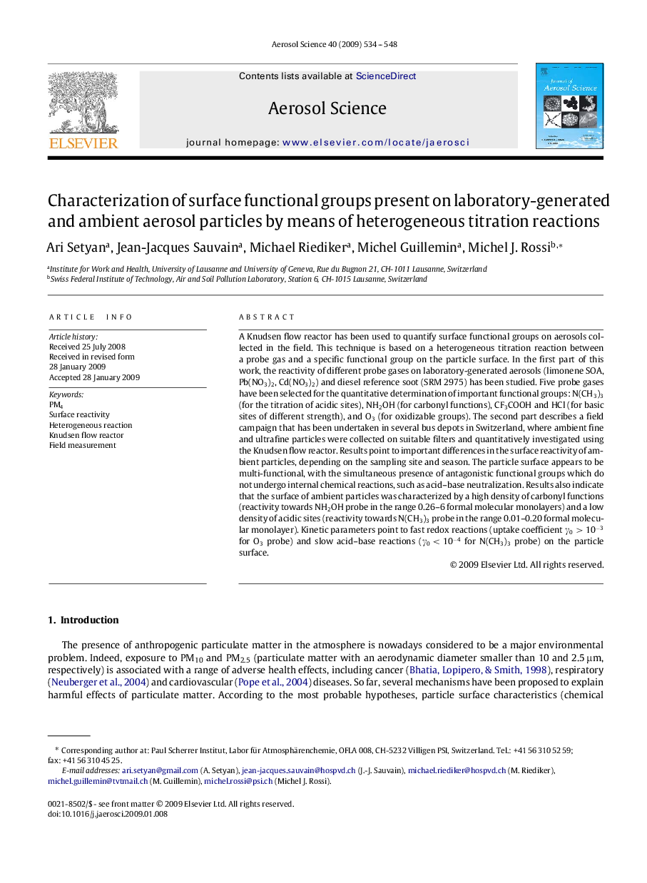 Characterization of surface functional groups present on laboratory-generated and ambient aerosol particles by means of heterogeneous titration reactions