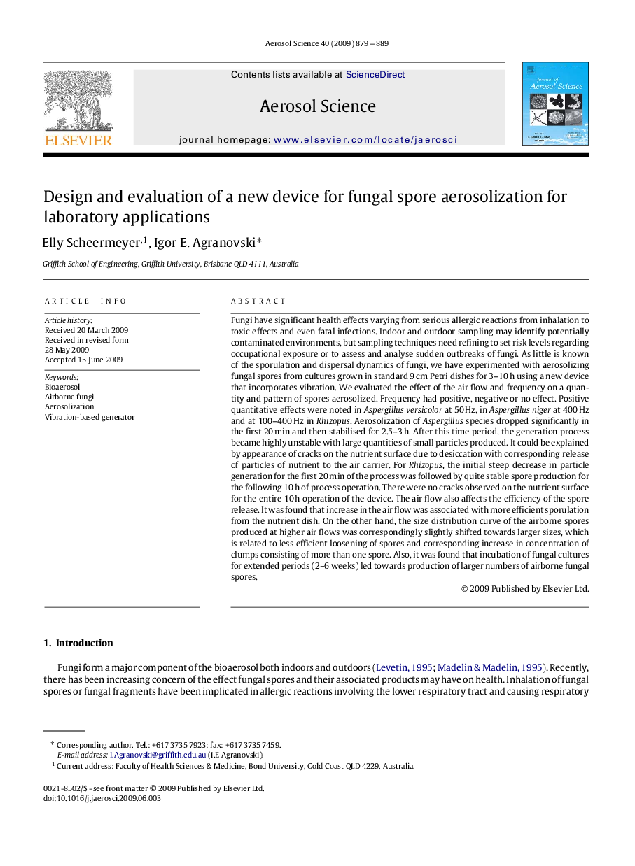 Design and evaluation of a new device for fungal spore aerosolization for laboratory applications