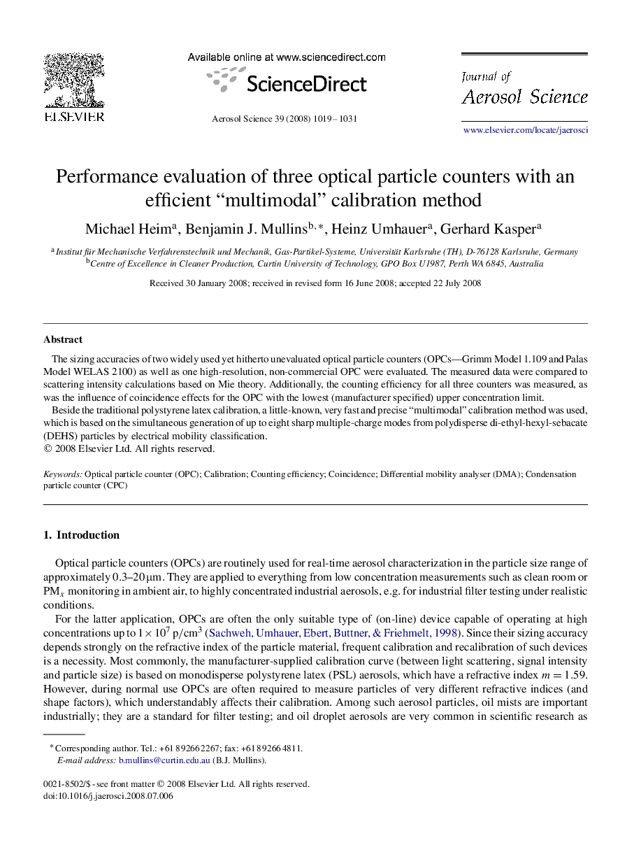 عکس صفحه اول مقاله: Performance evaluation of three optical particle counters with an efficient “multimodal” calibration method Performance evaluation of three optical particle counters with an efficient “multimodal” calibration method