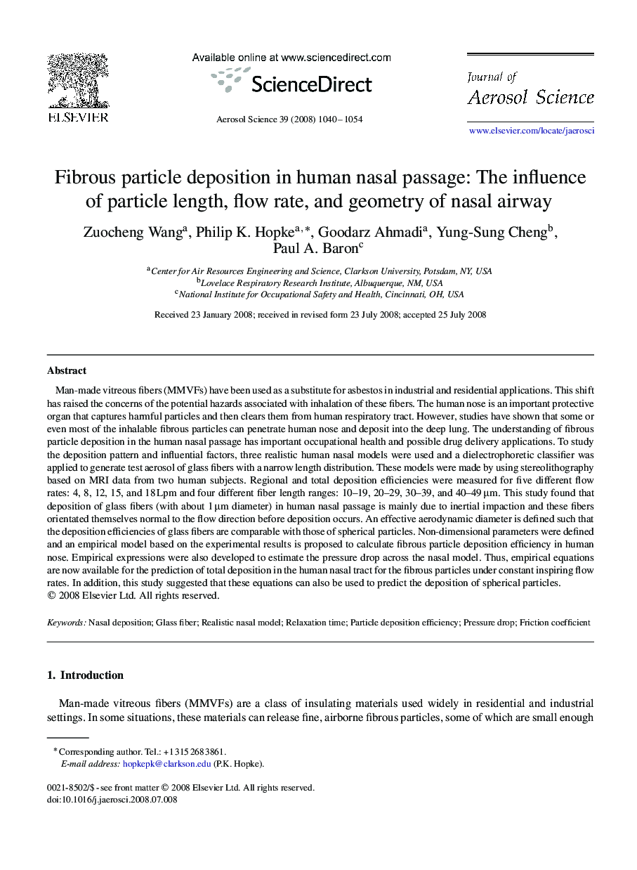 Fibrous particle deposition in human nasal passage: The influence of particle length, flow rate, and geometry of nasal airway