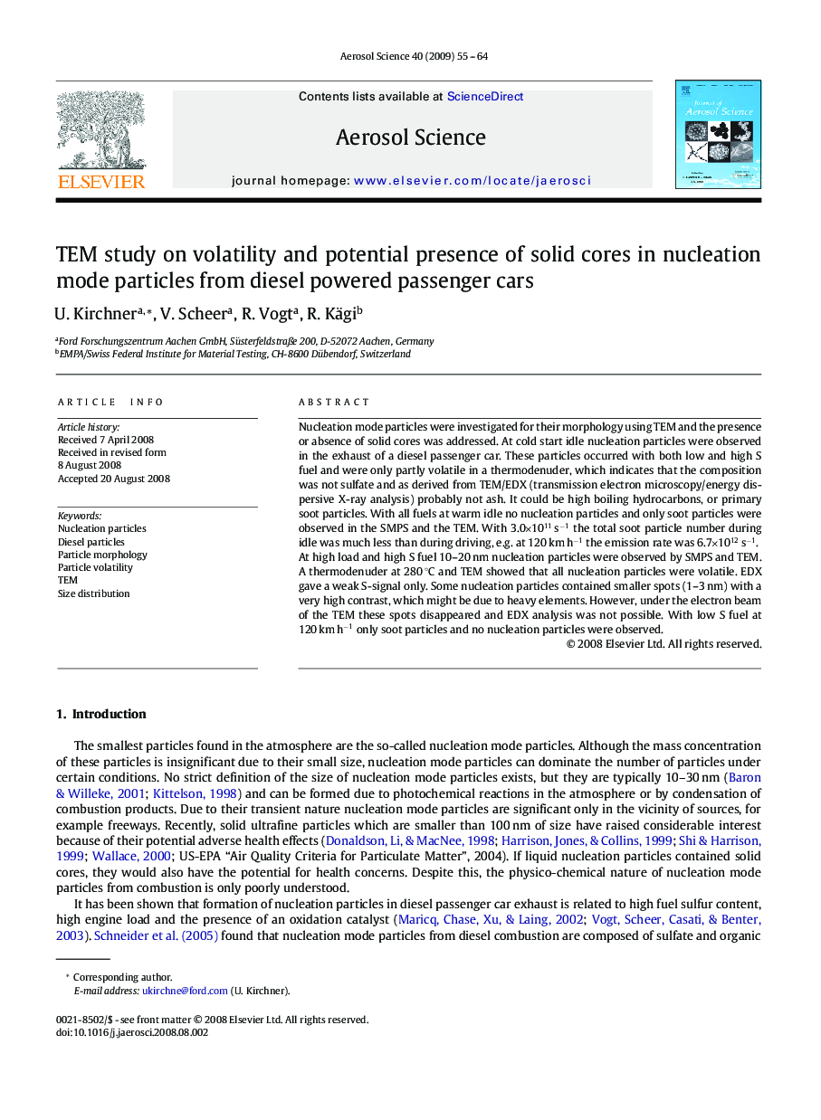 TEM study on volatility and potential presence of solid cores in nucleation mode particles from diesel powered passenger cars