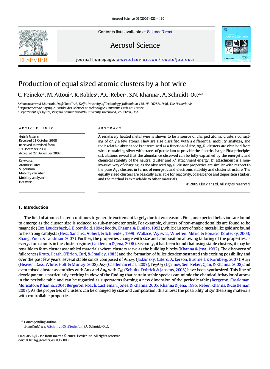 Production of equal sized atomic clusters by a hot wire