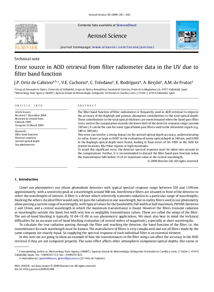 Error source in AOD retrieval from filter radiometer data in the UV due to filter band function