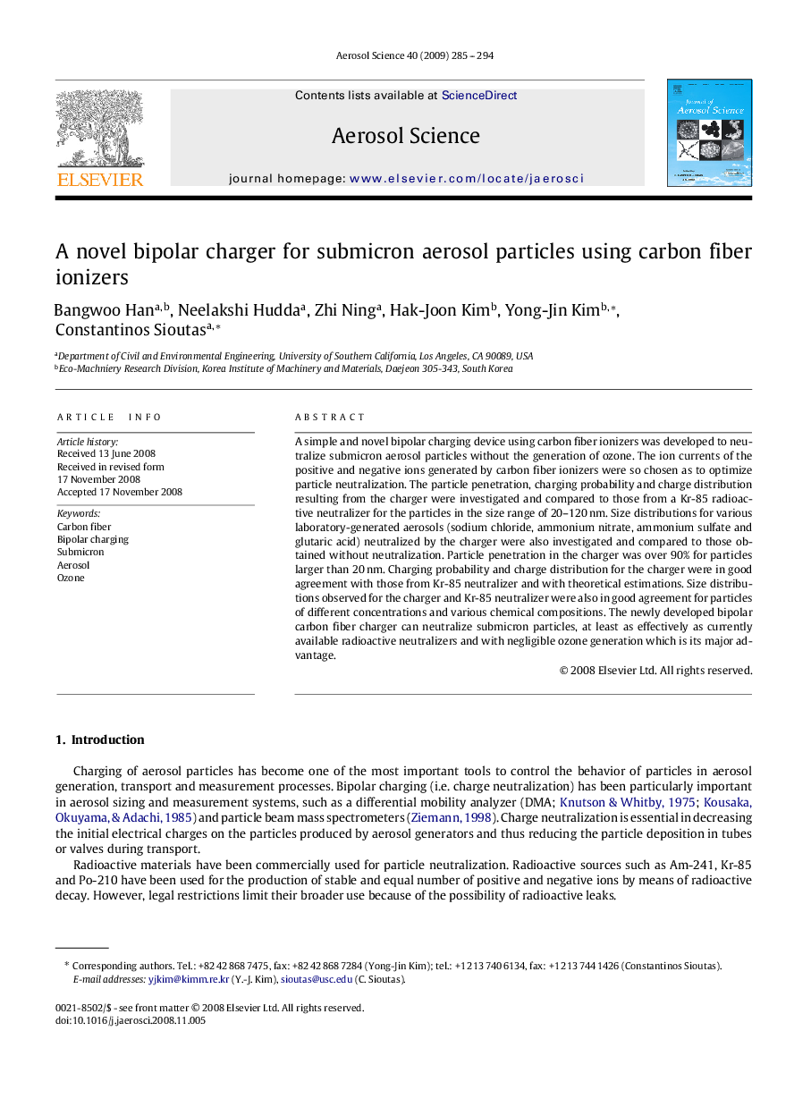 A novel bipolar charger for submicron aerosol particles using carbon fiber ionizers