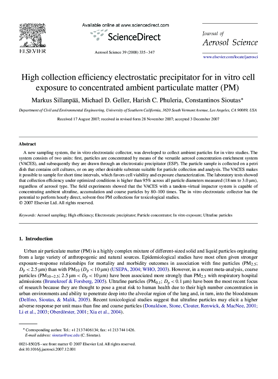 High collection efficiency electrostatic precipitator for in vitro cell exposure to concentrated ambient particulate matter (PM)