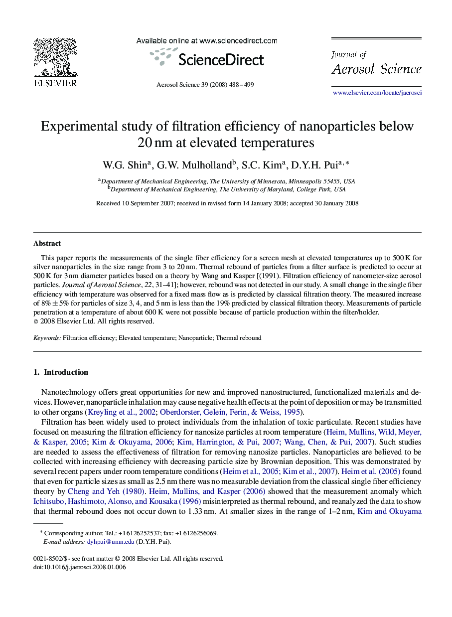 Experimental study of filtration efficiency of nanoparticles below 20 nm at elevated temperatures