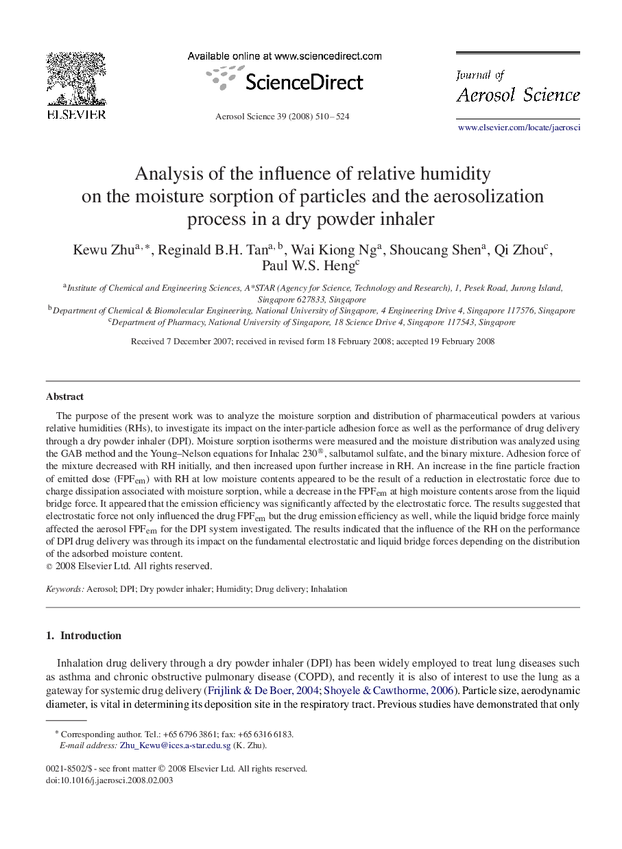 Analysis of the influence of relative humidity on the moisture sorption of particles and the aerosolization process in a dry powder inhaler