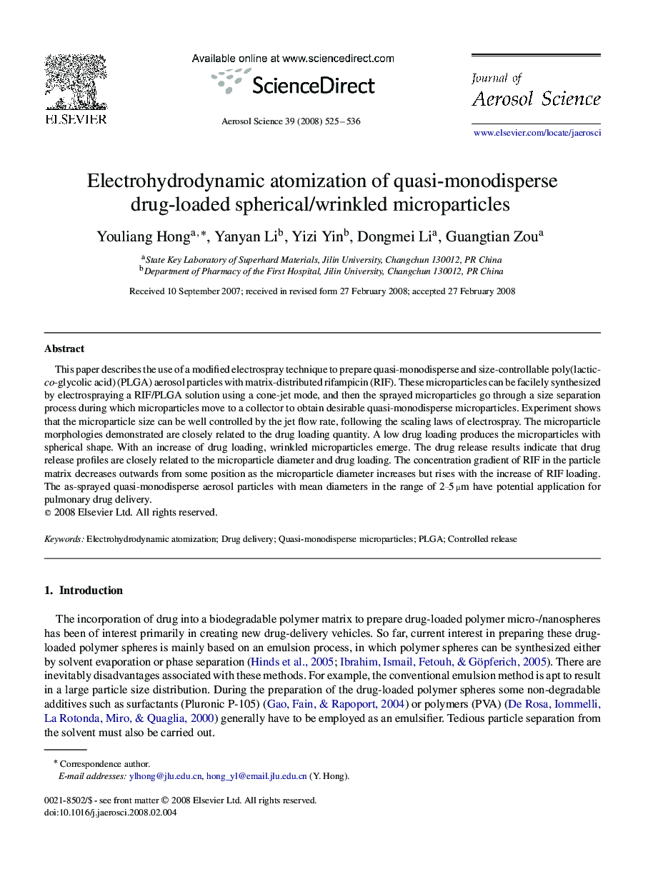 Electrohydrodynamic atomization of quasi-monodisperse drug-loaded spherical/wrinkled microparticles