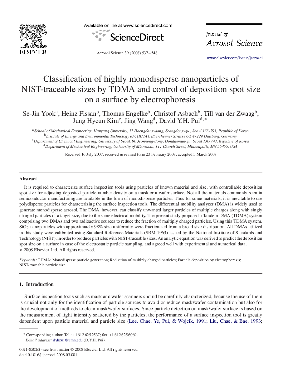 Classification of highly monodisperse nanoparticles of NIST-traceable sizes by TDMA and control of deposition spot size on a surface by electrophoresis