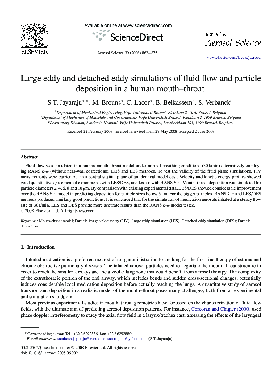 Large eddy and detached eddy simulations of fluid flow and particle deposition in a human mouth–throat