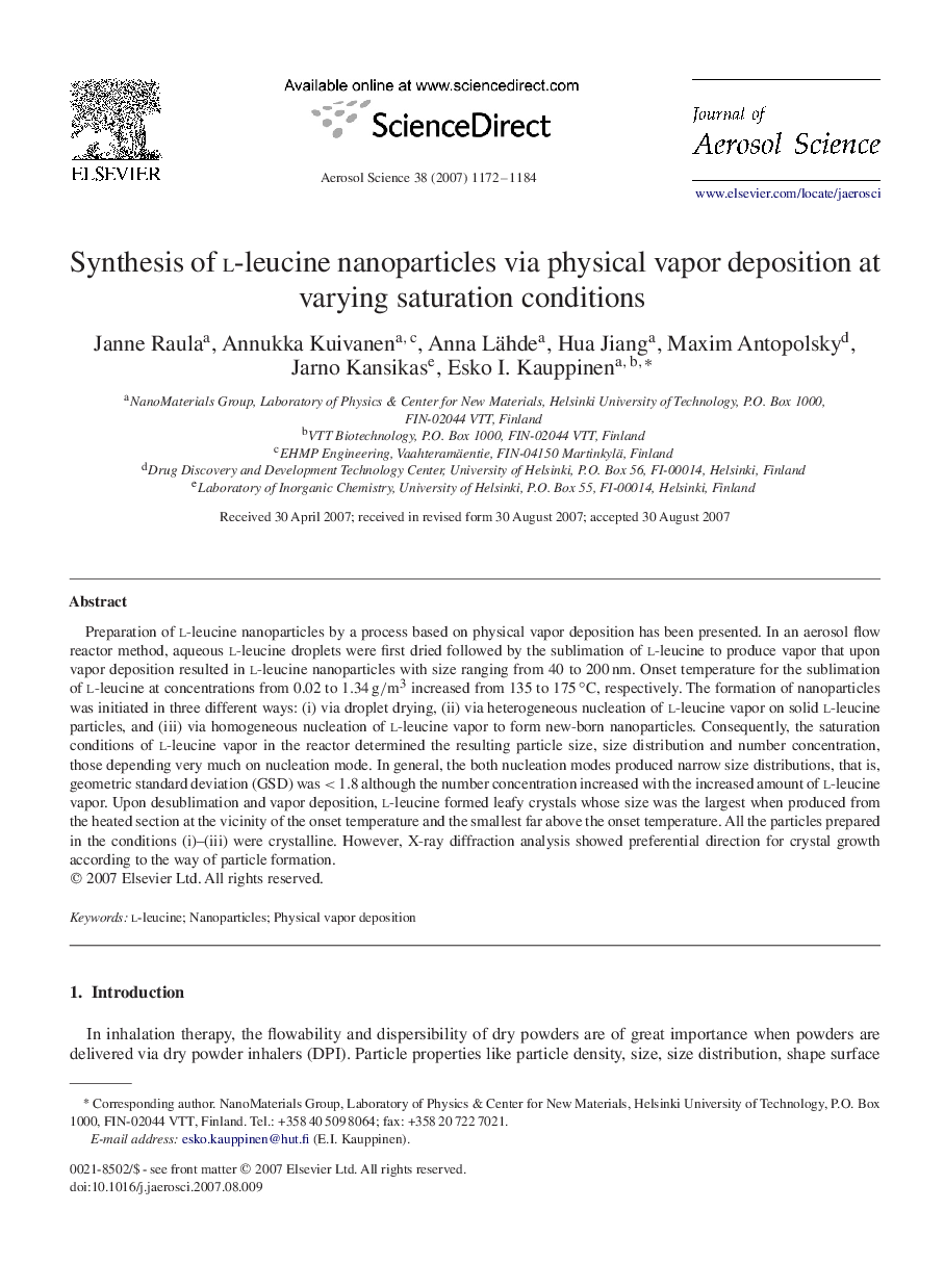 Synthesis of LL-leucine nanoparticles via physical vapor deposition at varying saturation conditions