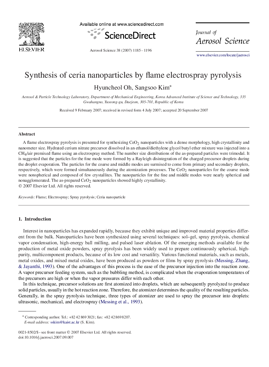 Synthesis of ceria nanoparticles by flame electrospray pyrolysis