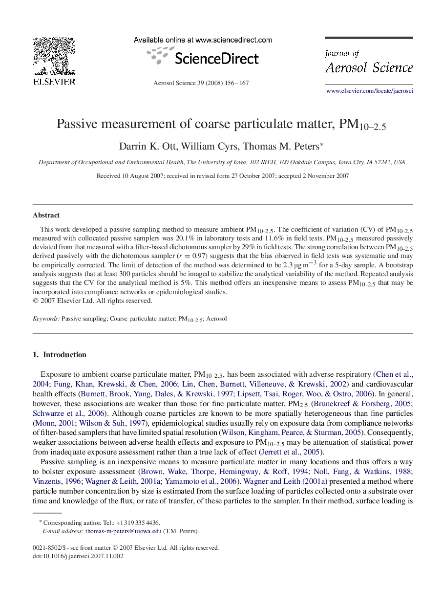 Passive measurement of coarse particulate matter, PM10–2.5PM10–2.5