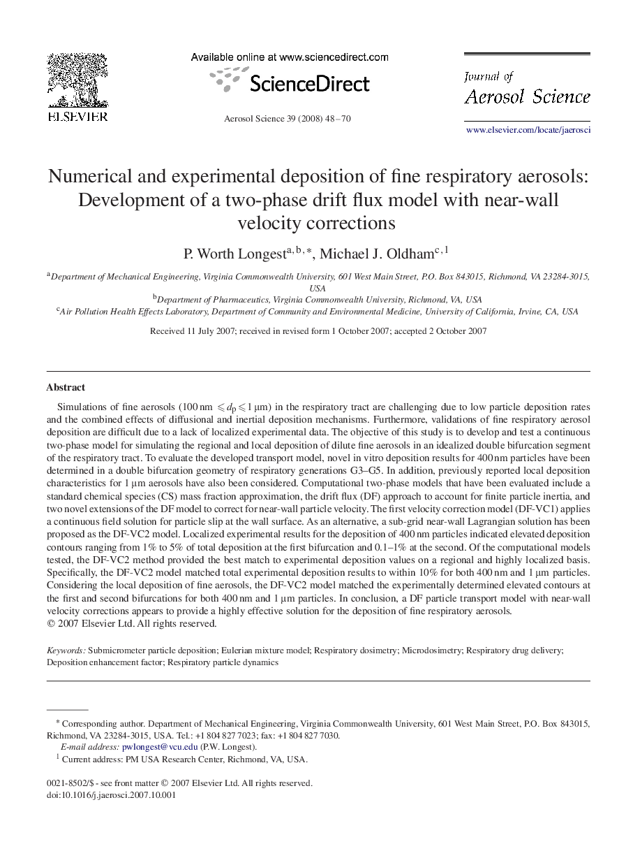 Numerical and experimental deposition of fine respiratory aerosols: Development of a two-phase drift flux model with near-wall velocity corrections