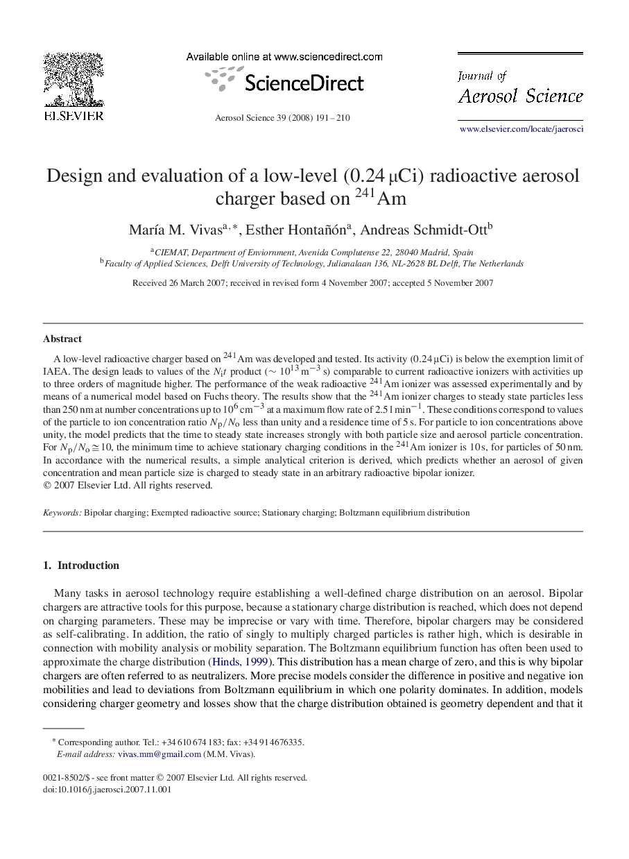 Design and evaluation of a low-level (0.24μCi) radioactive aerosol charger based on 241Am