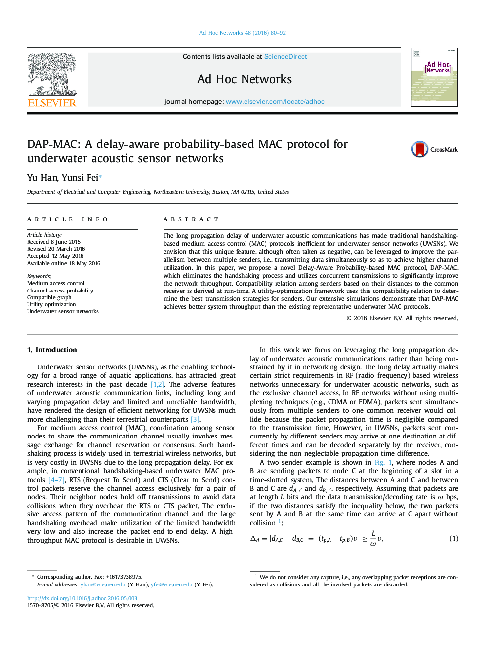 DAP-MAC: A delay-aware probability-based MAC protocol for underwater acoustic sensor networks