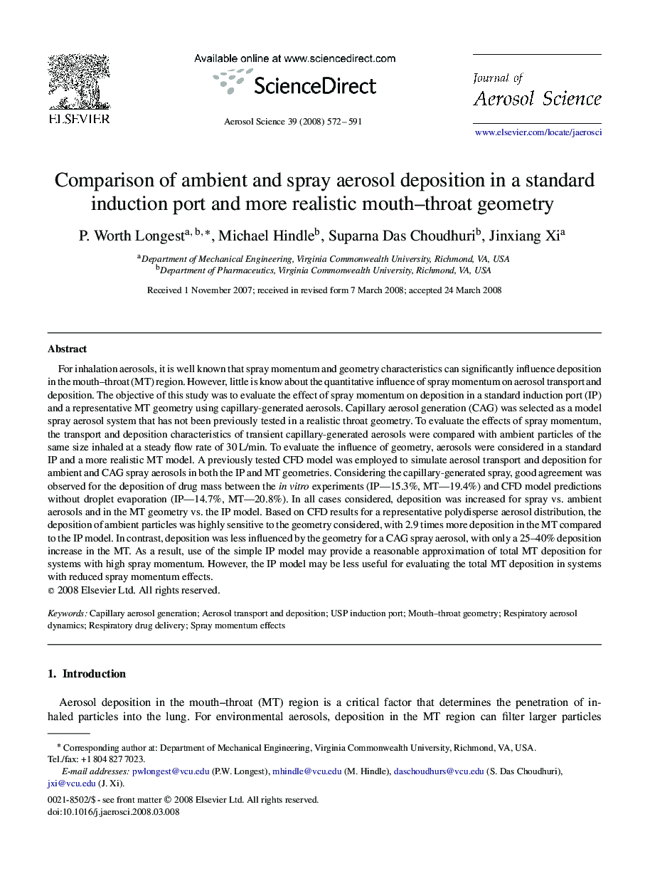 Comparison of ambient and spray aerosol deposition in a standard induction port and more realistic mouth–throat geometry