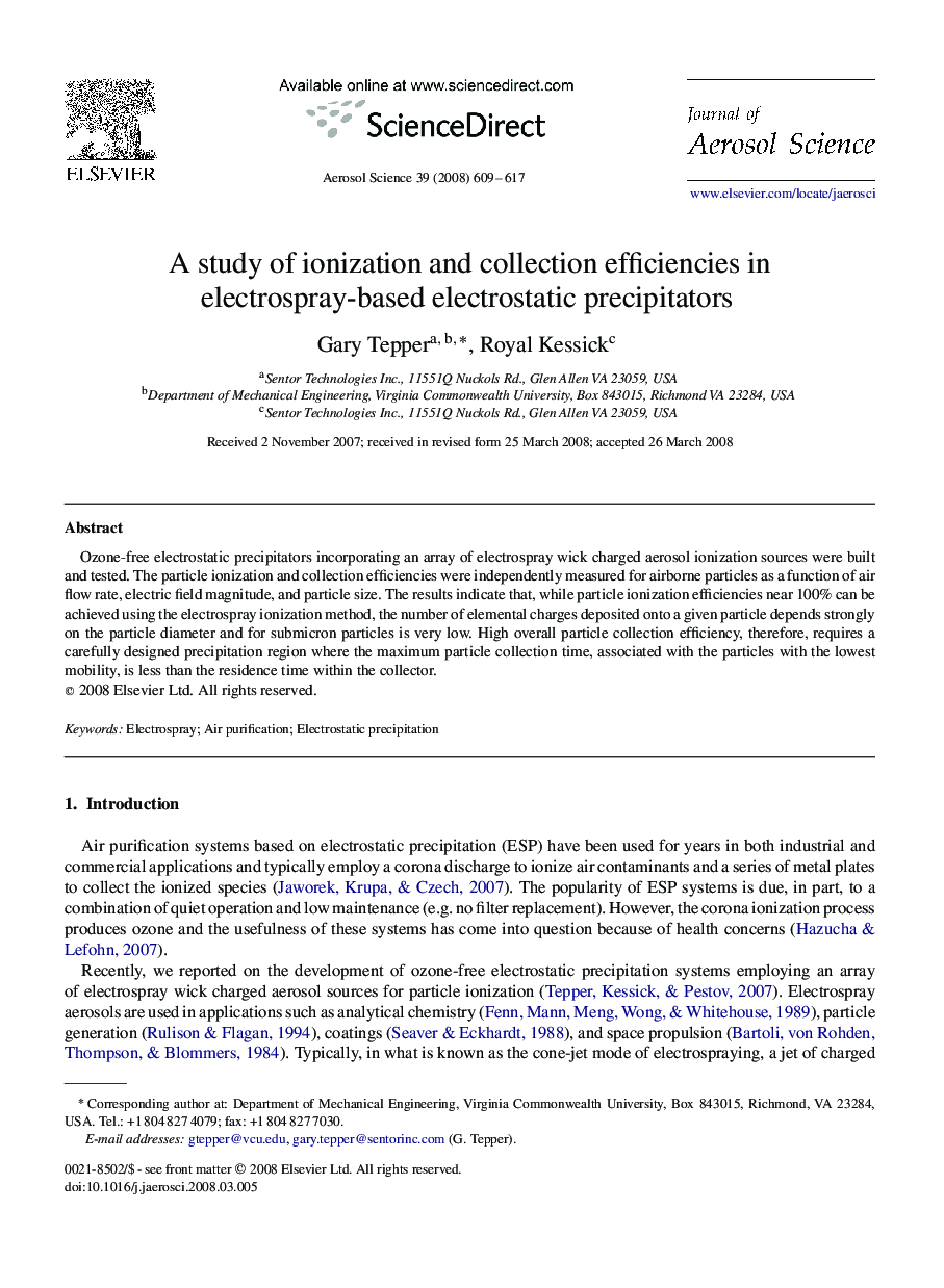 A study of ionization and collection efficiencies in electrospray-based electrostatic precipitators