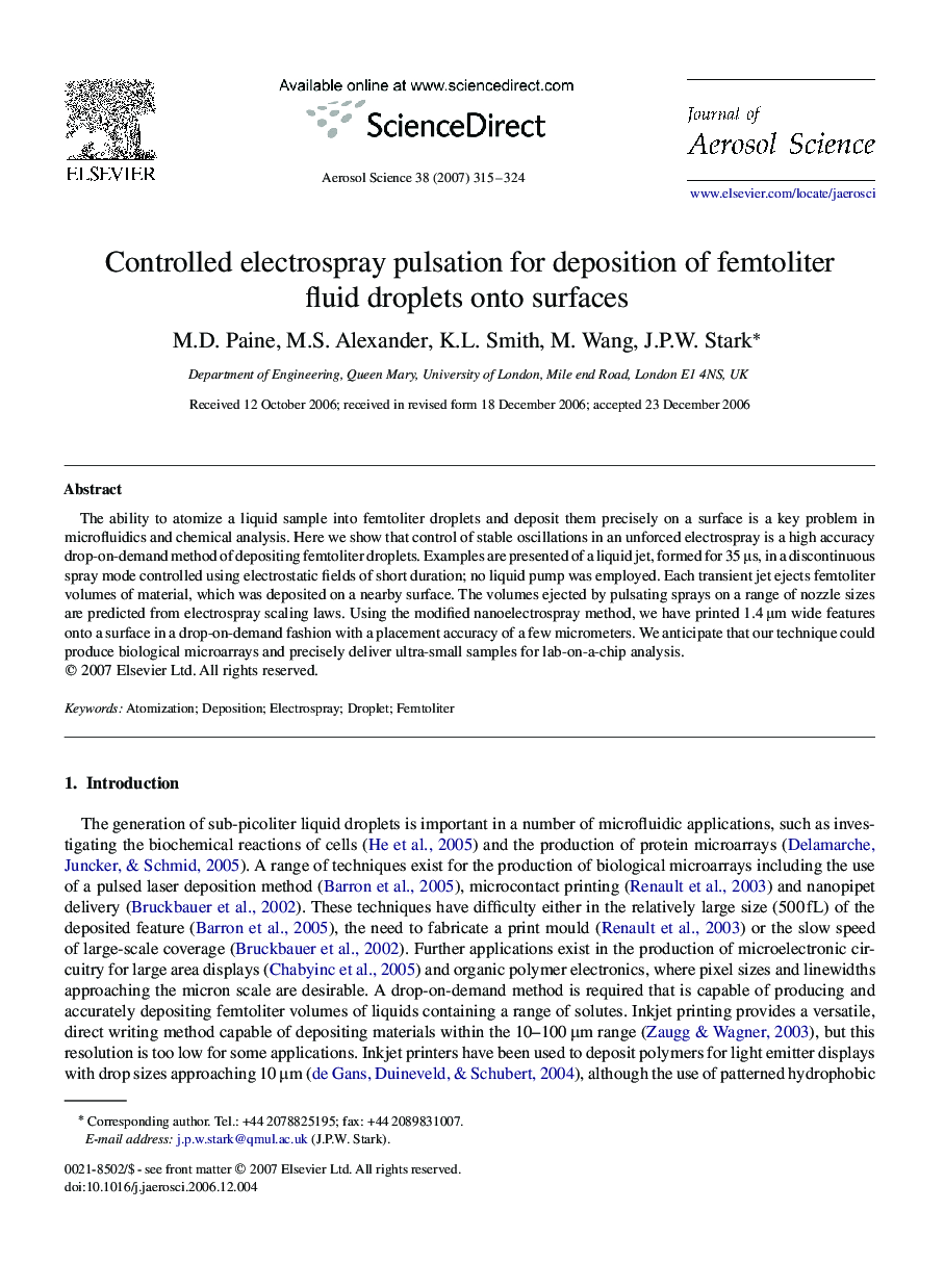 Controlled electrospray pulsation for deposition of femtoliter fluid droplets onto surfaces