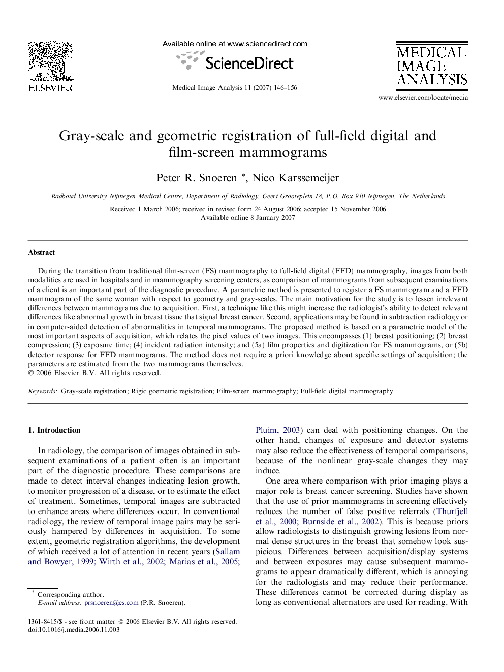 Gray-scale and geometric registration of full-field digital and film-screen mammograms