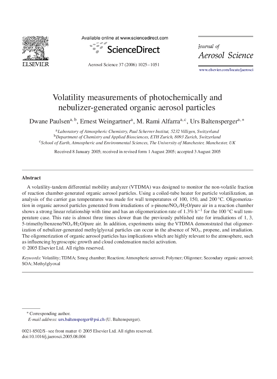 Volatility measurements of photochemically and nebulizer-generated organic aerosol particles