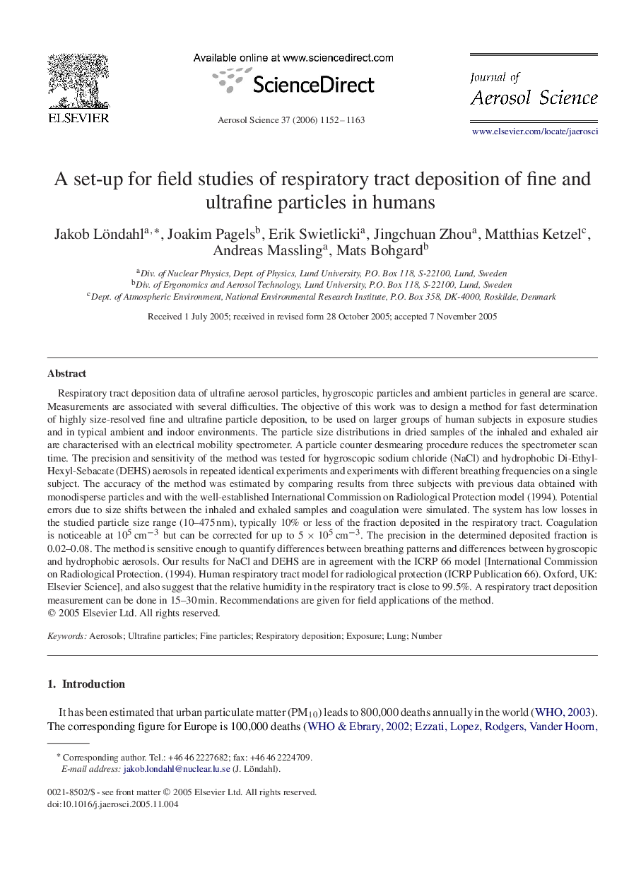 A set-up for field studies of respiratory tract deposition of fine and ultrafine particles in humans