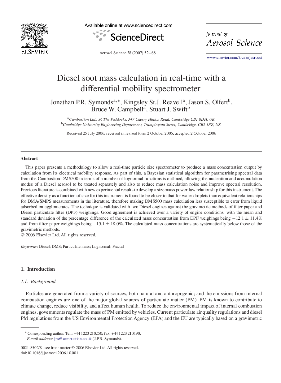 Diesel soot mass calculation in real-time with a differential mobility spectrometer