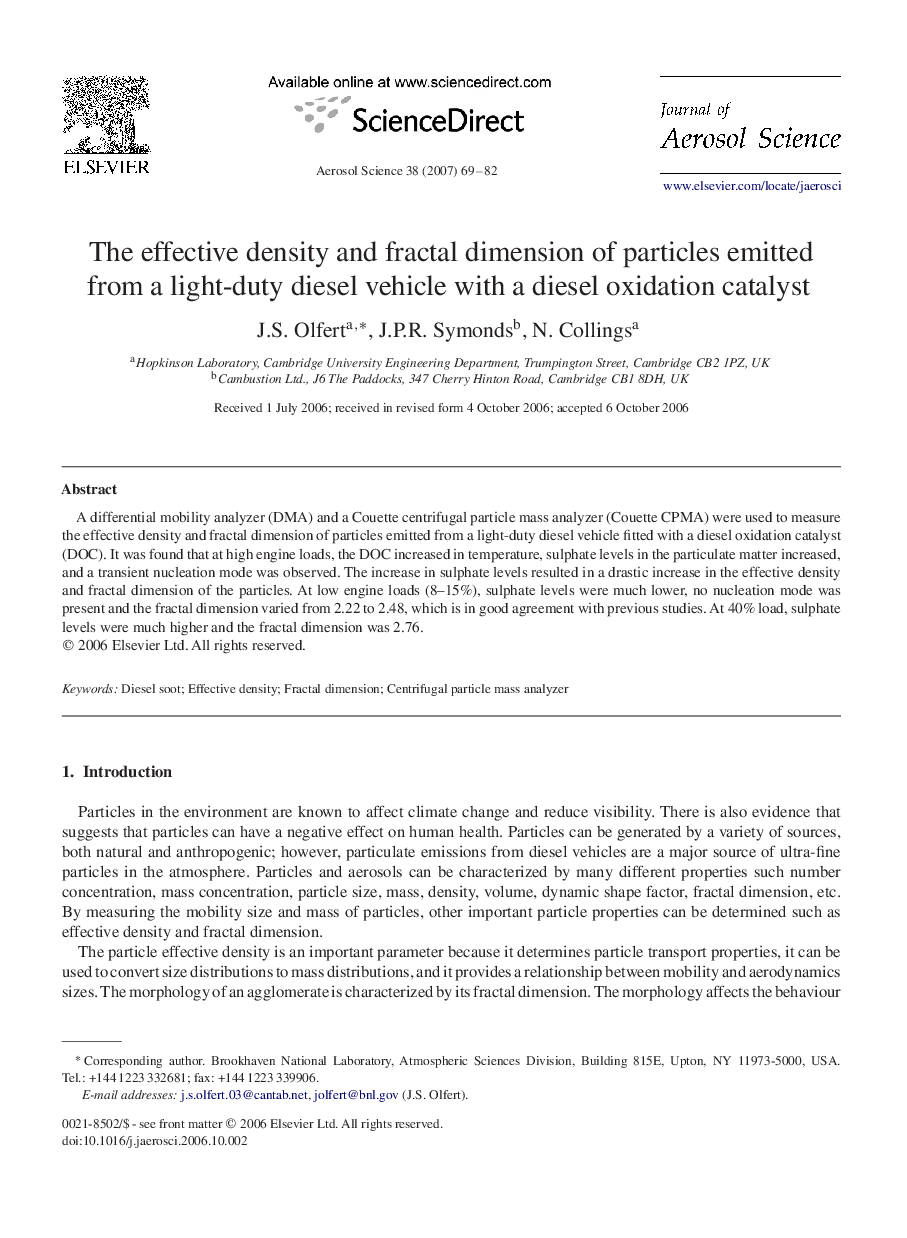 The effective density and fractal dimension of particles emitted from a light-duty diesel vehicle with a diesel oxidation catalyst