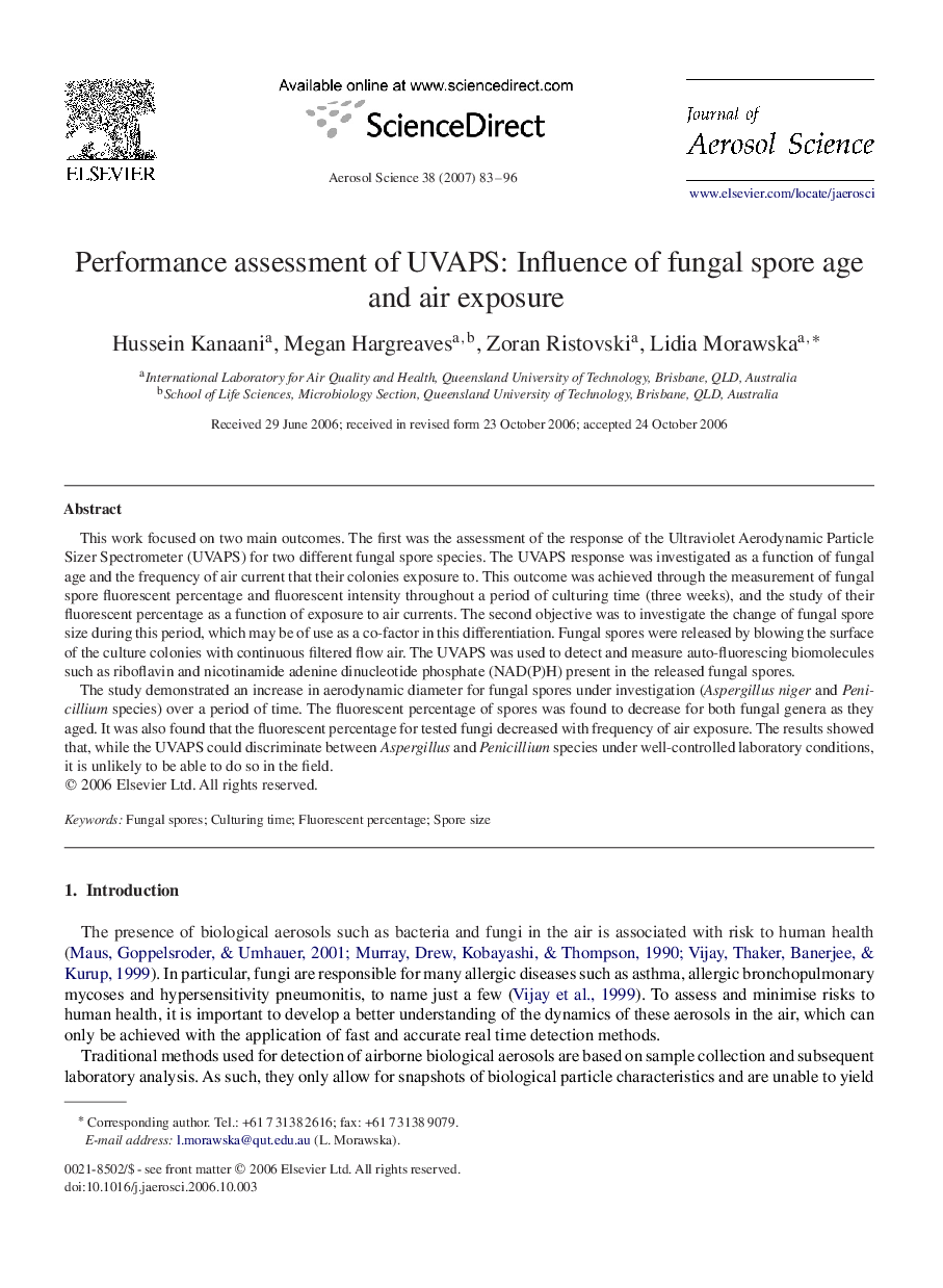 Performance assessment of UVAPS: Influence of fungal spore age and air exposure