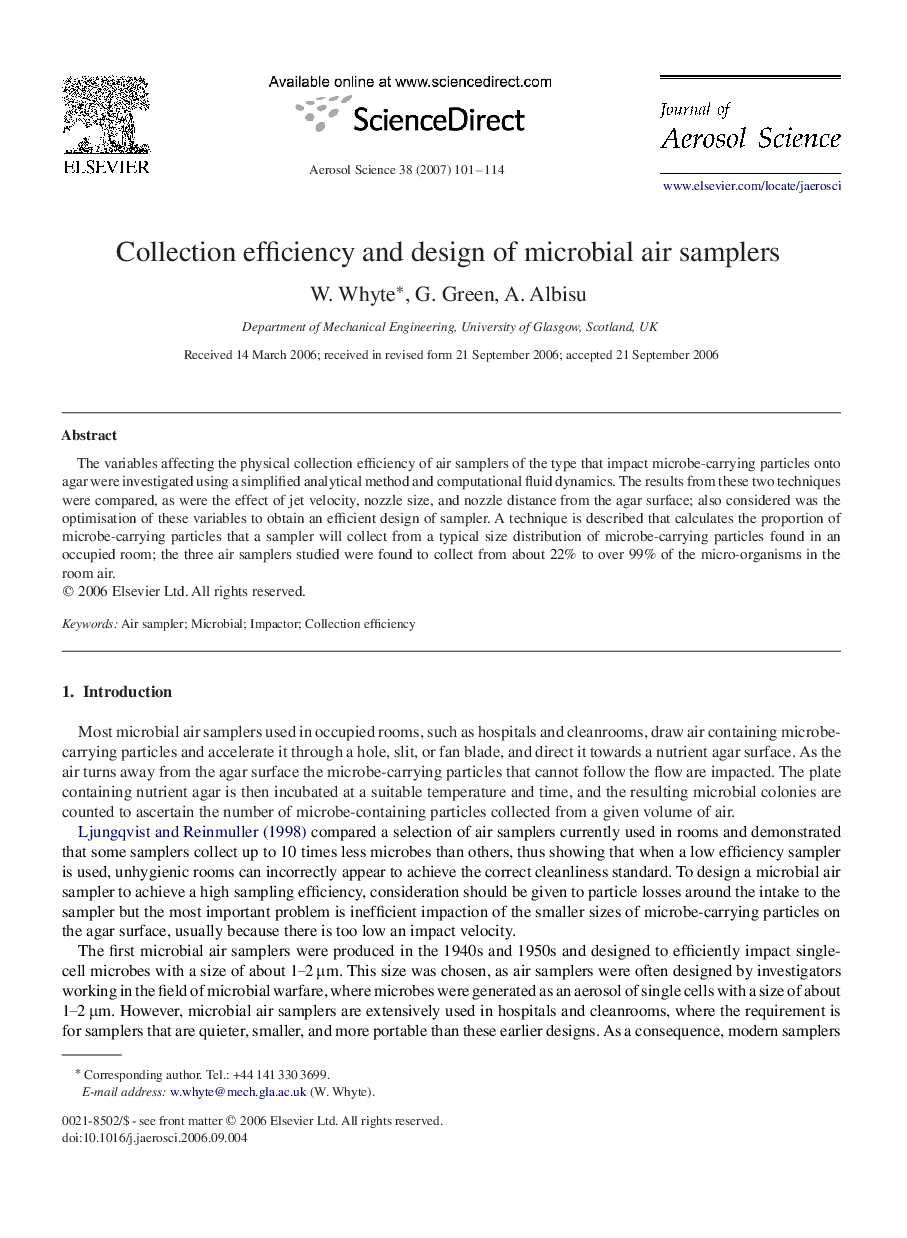 Collection efficiency and design of microbial air samplers