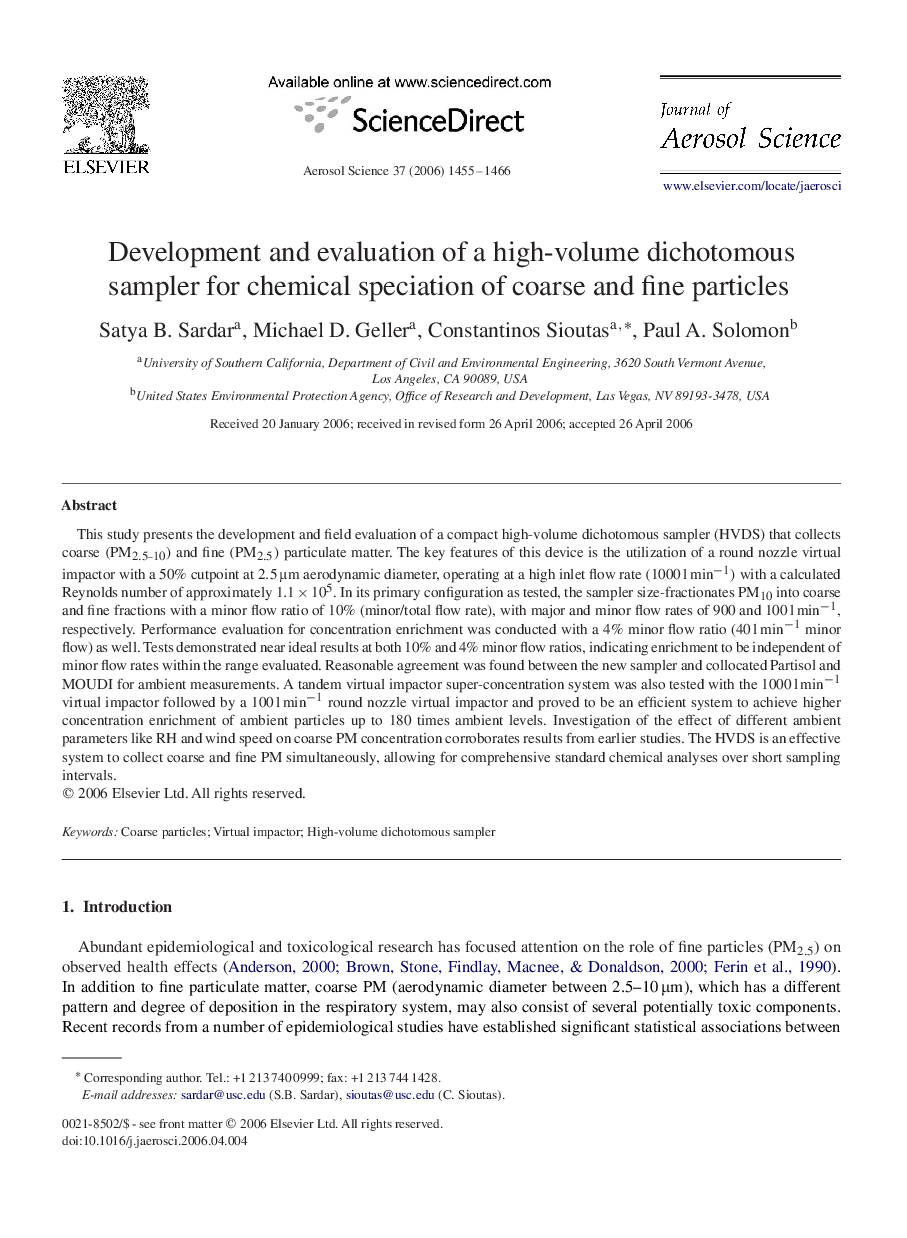 Development and evaluation of a high-volume dichotomous sampler for chemical speciation of coarse and fine particles