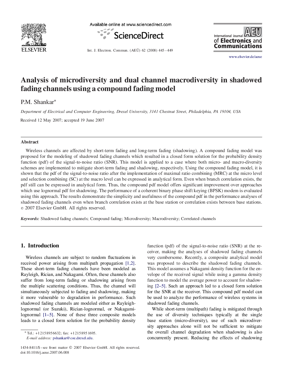 Analysis of microdiversity and dual channel macrodiversity in shadowed fading channels using a compound fading model