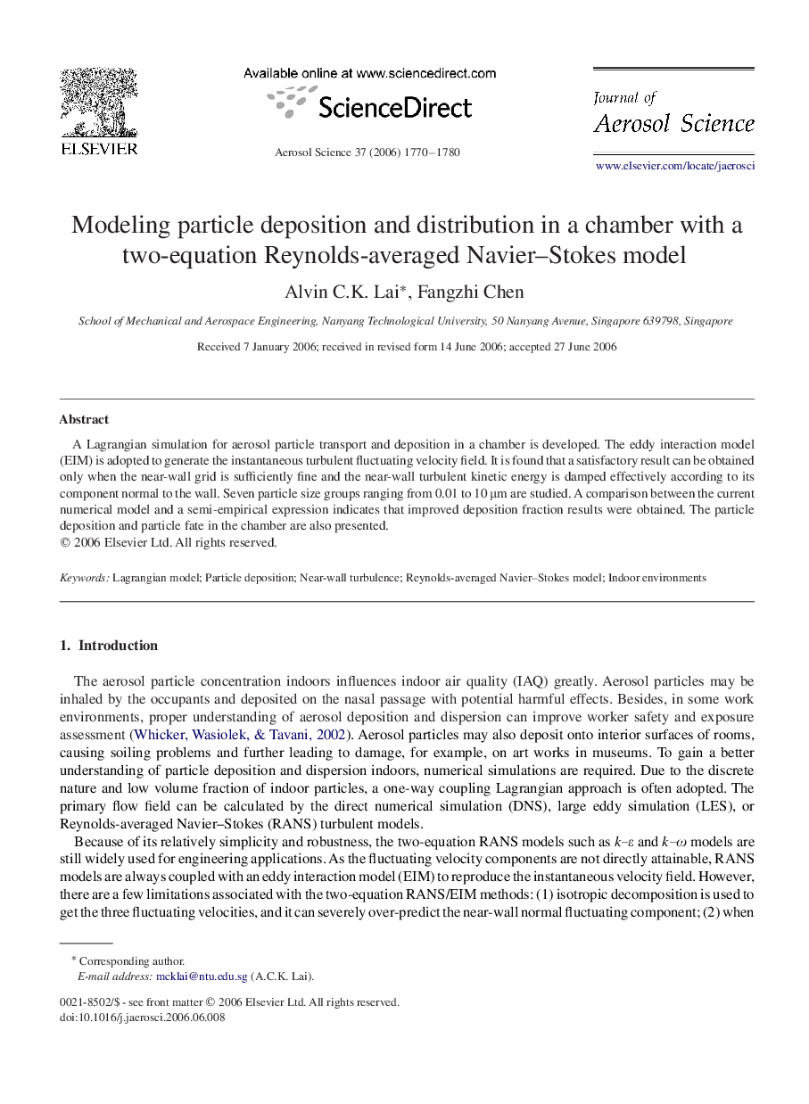 Modeling particle deposition and distribution in a chamber with a two-equation Reynolds-averaged Navier–Stokes model