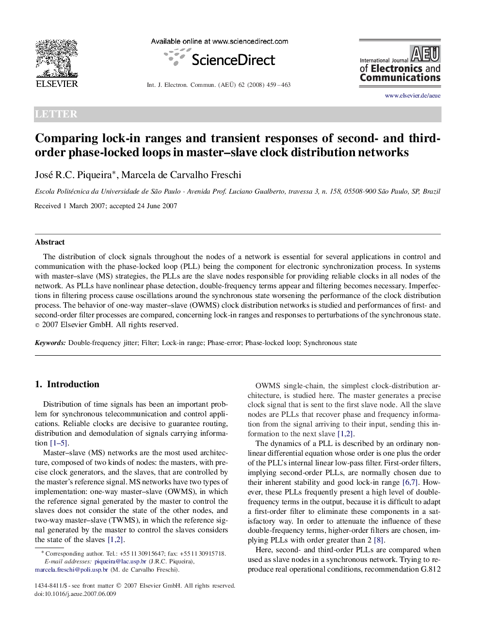 Comparing lock-in ranges and transient responses of second- and third-order phase-locked loops in master–slave clock distribution networks