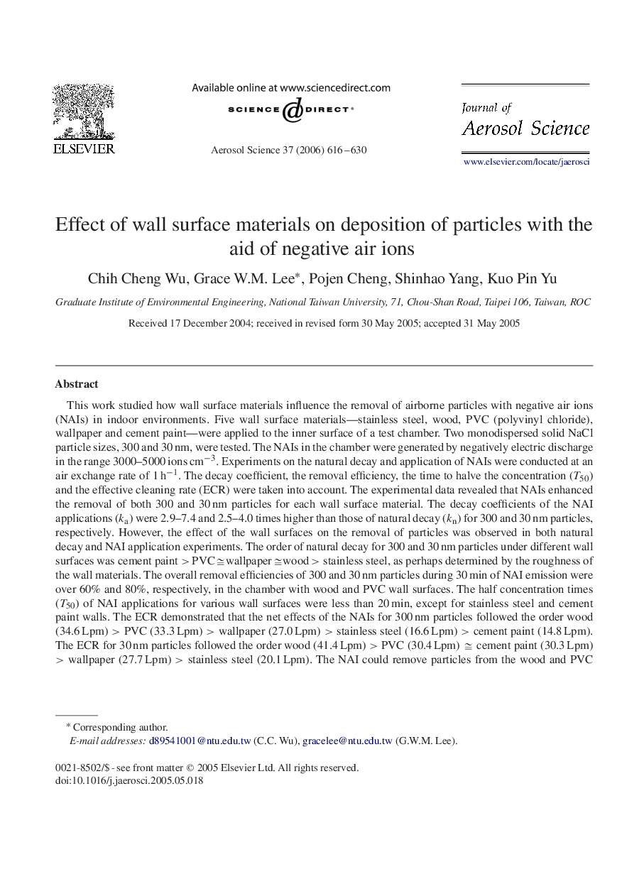 Effect of wall surface materials on deposition of particles with the aid of negative air ions