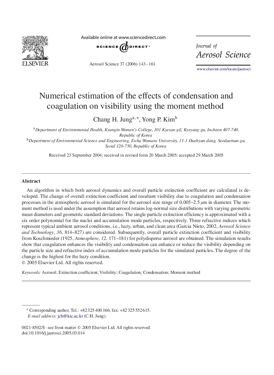 Numerical estimation of the effects of condensation and coagulation on visibility using the moment method