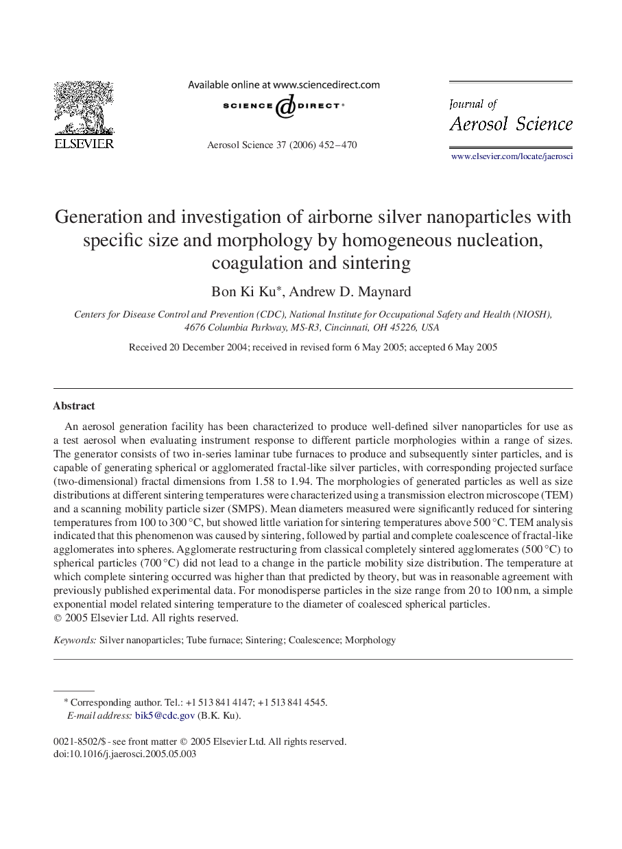 Generation and investigation of airborne silver nanoparticles with specific size and morphology by homogeneous nucleation, coagulation and sintering