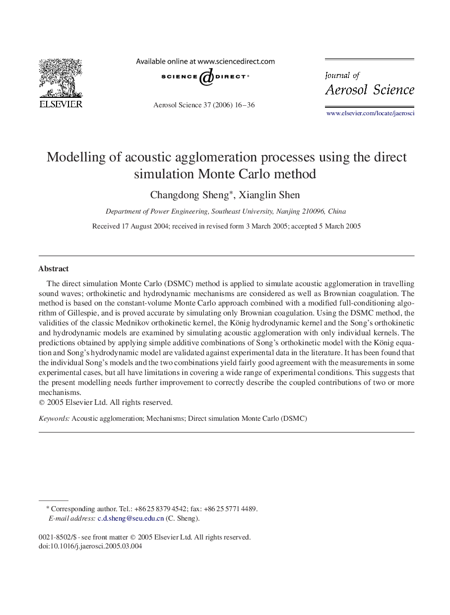 Modelling of acoustic agglomeration processes using the direct simulation Monte Carlo method