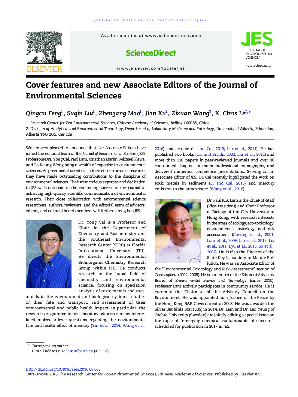 Cover features and new Associate Editors of the Journal of Environmental Sciences
