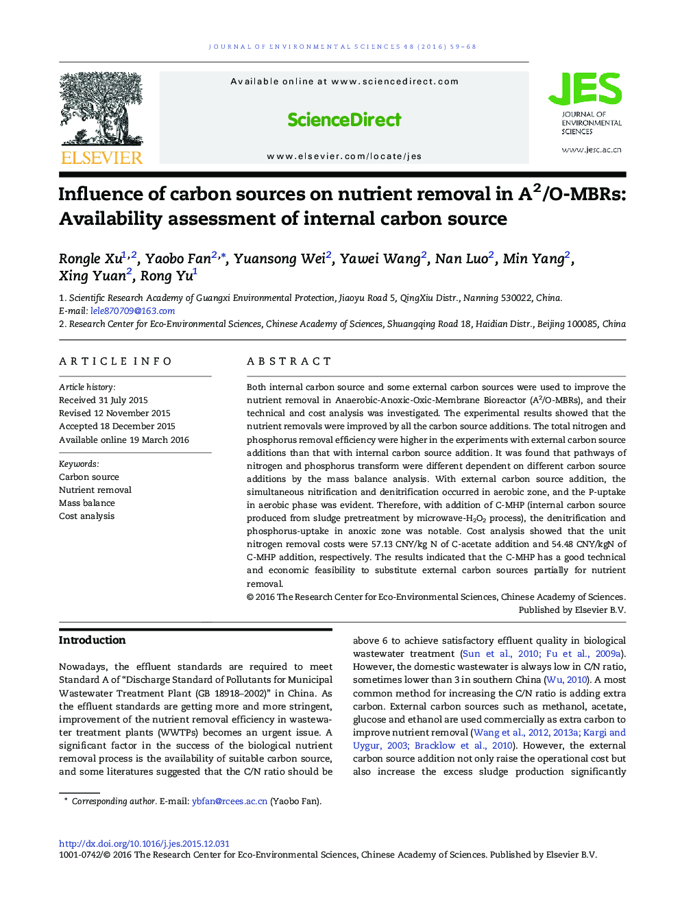 Influence of carbon sources on nutrient removal in A2/O-MBRs: Availability assessment of internal carbon source