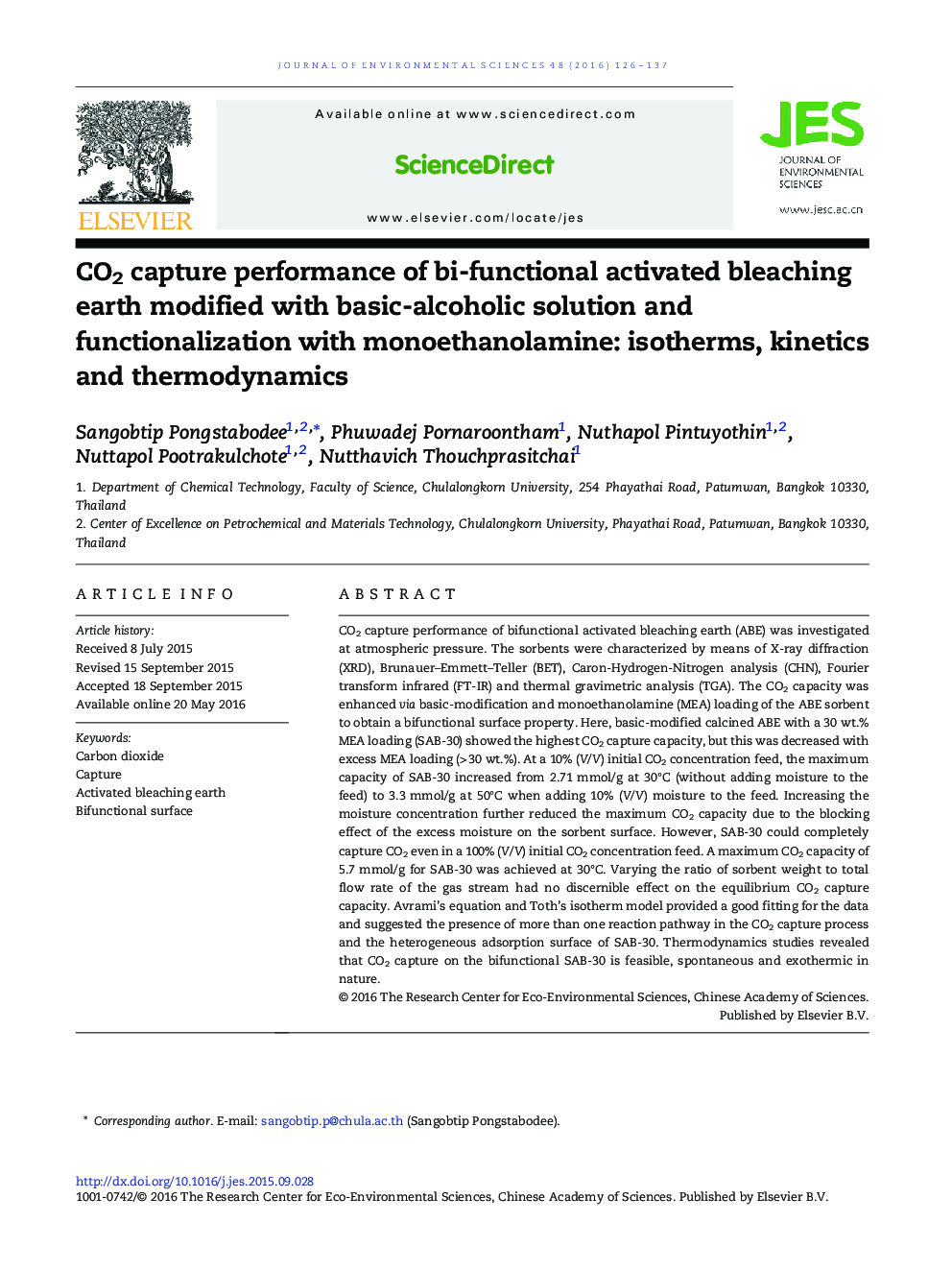 CO2 capture performance of bi-functional activated bleaching earth modified with basic-alcoholic solution and functionalization with monoethanolamine: isotherms, kinetics and thermodynamics
