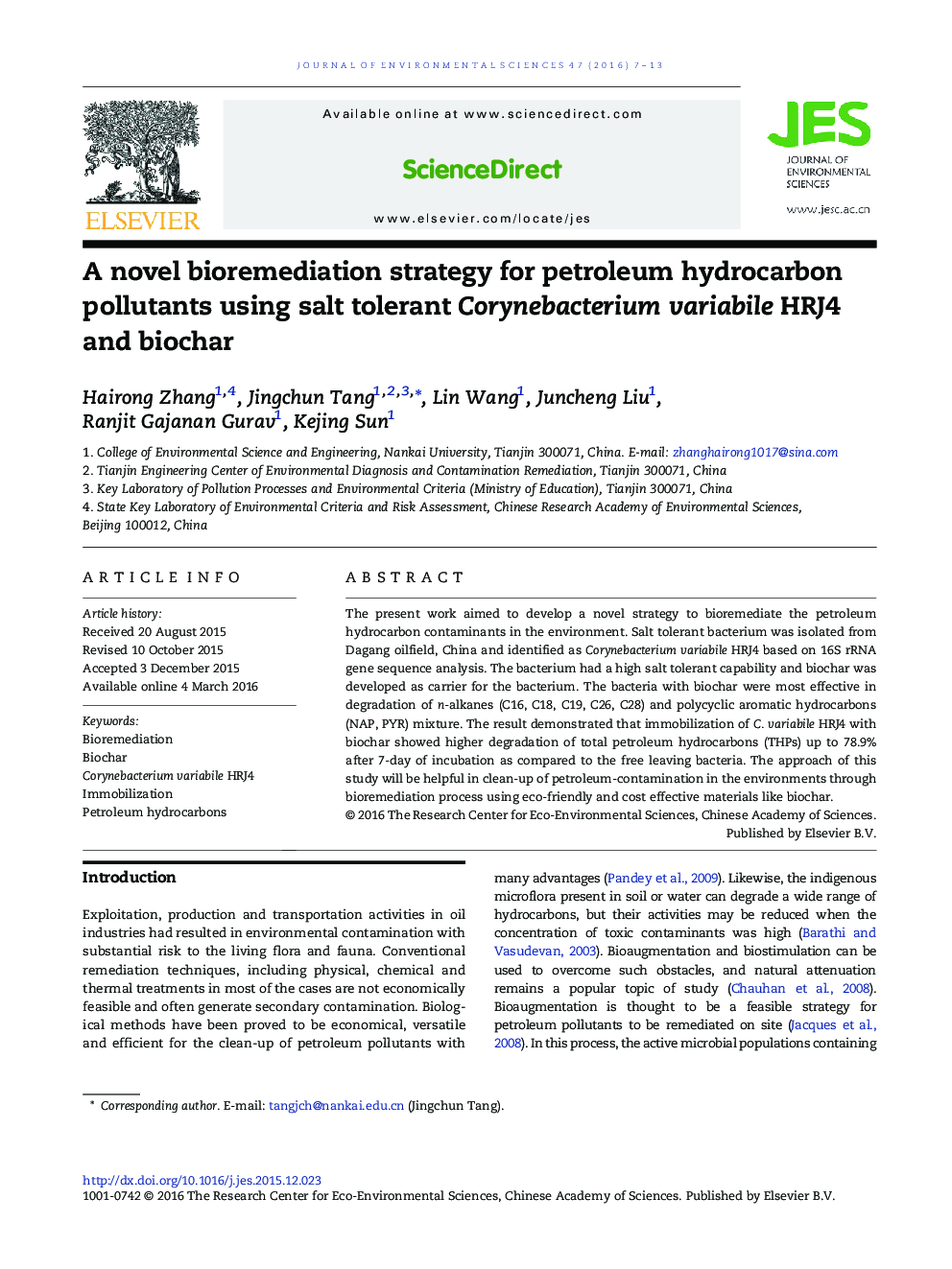 A novel bioremediation strategy for petroleum hydrocarbon pollutants using salt tolerant Corynebacterium variabile HRJ4 and biochar