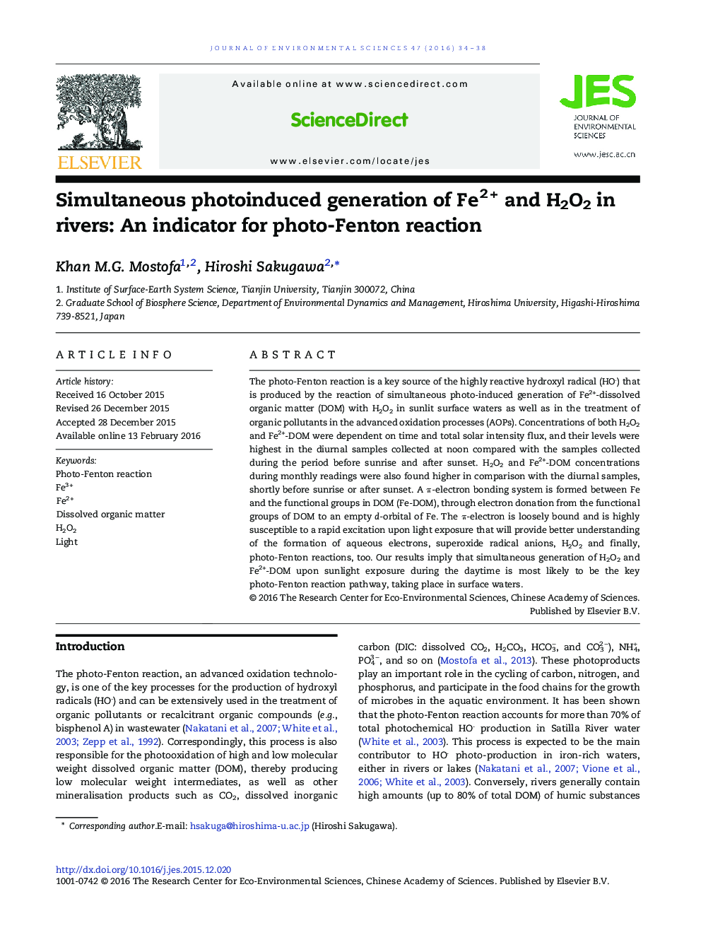 Simultaneous photoinduced generation of Fe2 + and H2O2 in rivers: An indicator for photo-Fenton reaction