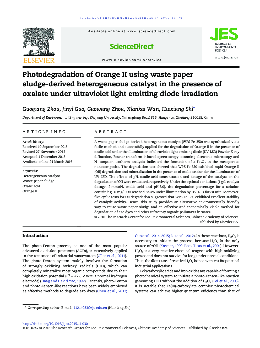 Photodegradation of Orange II using waste paper sludge-derived heterogeneous catalyst in the presence of oxalate under ultraviolet light emitting diode irradiation